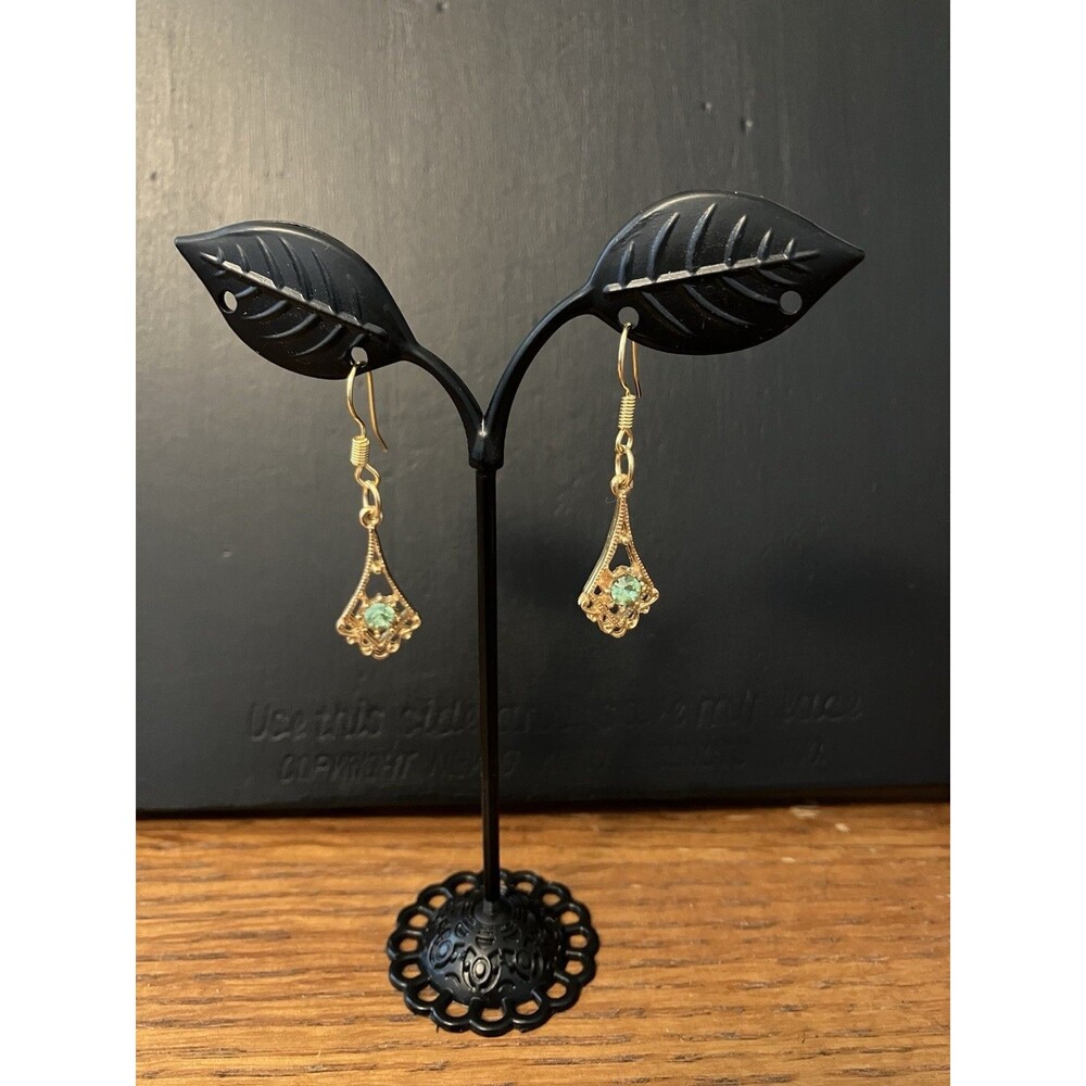 Gold Tone Teardrop Earrings Green Crystal Center Drop Dangle Hook